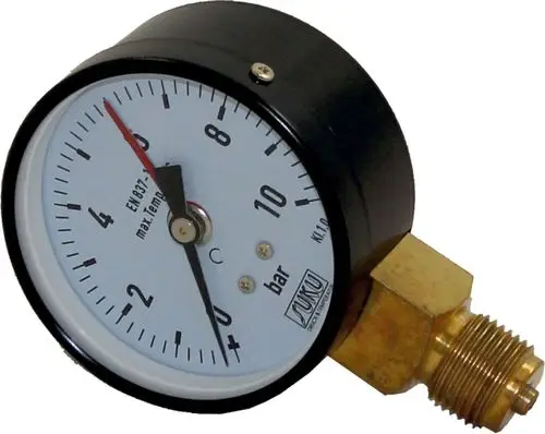 Manometer mit einer Skala von 0 bis 10 BAR und einer schwarzen Ziffernblattanzeige. Verbinder aus Messing. Produkt der Marke Wolf.